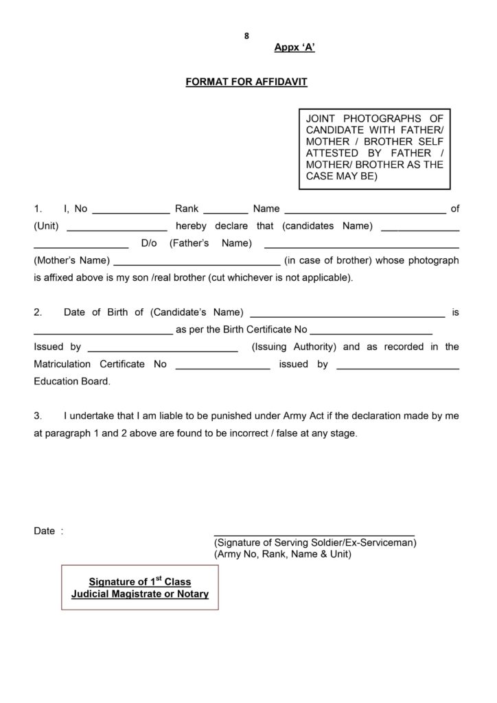 Affidavit form for Indian Army Soldier GD