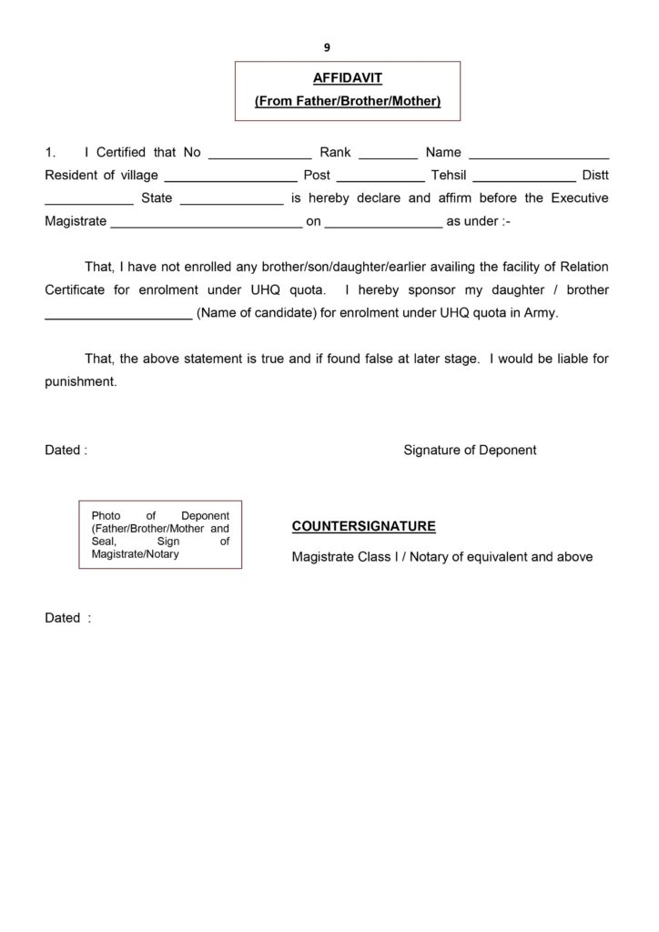 Affidavit form for Indian Army Soldier GD